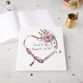 Livro De Visitas Coração de Fita Rosa com Rosa