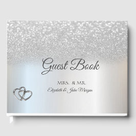 Livro De Visitas Corações de Bokeh Elegantes Prateados de Glitter C