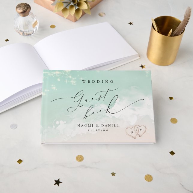 Livro De Visitas Corações Modernos No Casamento Da Praia Da Areia (Frente aberta)