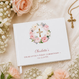 Livro De Visitas Coroa floral de Primeira Comunhão rosa menina