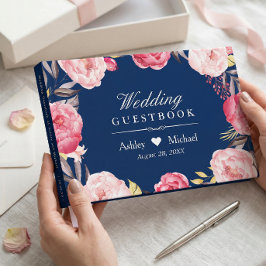 Livro De Visitas Coroa Floral Rosa Azul Marinho Moderna Casamento
