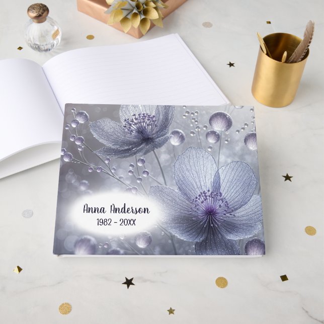 Livro De Visitas Cosmos Violeta e Gotículas de Orvalho (Frente aberta)