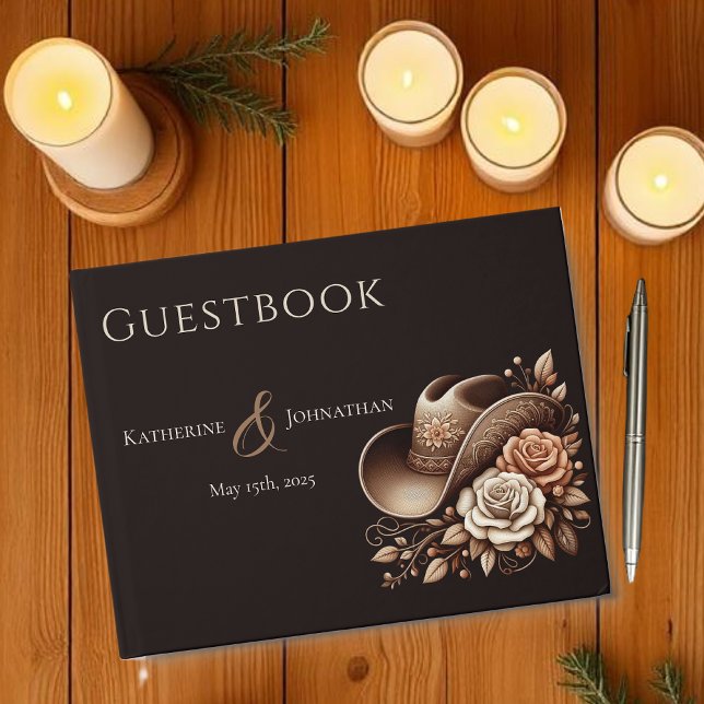 Livro De Visitas Country Western Cowgirl Hat com Flores (Country Western Cowgirl Hat with Flowers Guest Book )