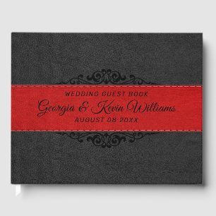 Livro De Visitas Couro Preto e Vermelho com Acento Floral Preto