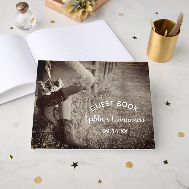 Livro De Visitas Cowgirl in Boots with Sunflower Quinceanera (Frente aberta)