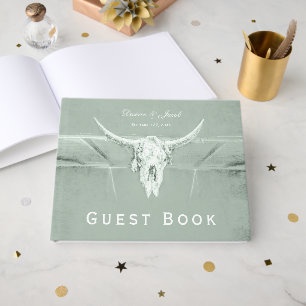 Livro De Visitas Crânio de Vaca Ocidental Branco Verde Pastel Rústi
