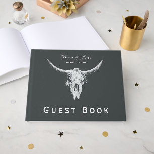 Livro De Visitas Crânio de Vaca Western Branco Cinza Carvão Rústico