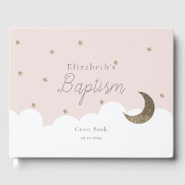 Livro De Visitas Crescent Moon & Stars Pink Girl Baptism Guest Book