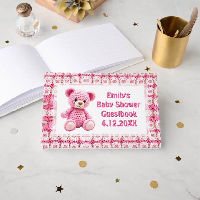 Livro De Visitas  Crocheted Teddy Bear Girl's Baby Shower (Frente aberta)