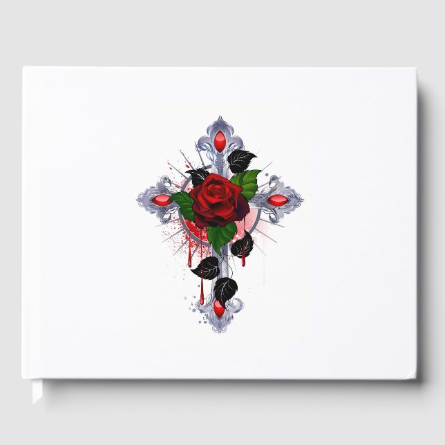 Livro De Visitas Cruz de Prata com Rosa vermelha (Frente)