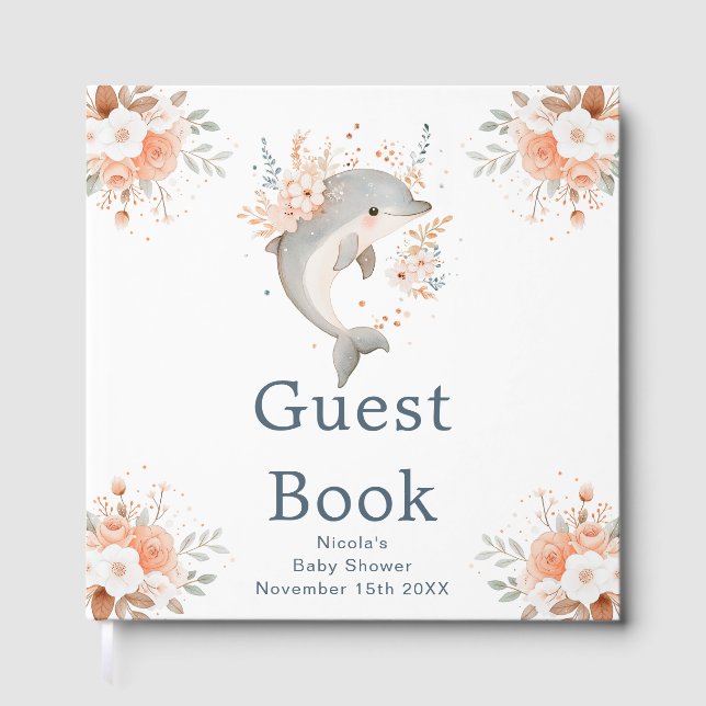Livro De Visitas Cute Floral Dolphin Baby Shower (Frente)
