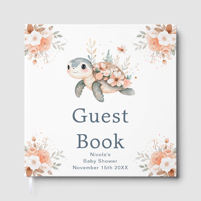 Livro De Visitas Cute Floral Turtle Baby Shower (Frente)