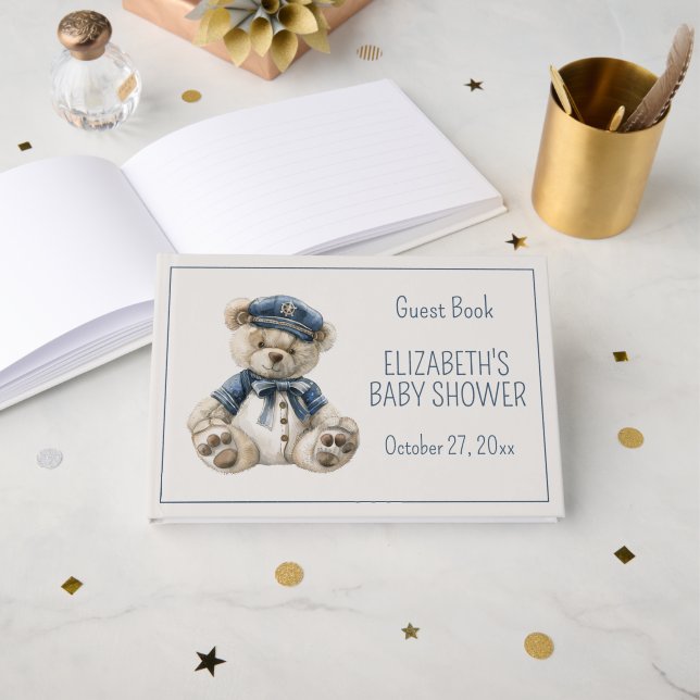 Livro De Visitas Cute Nautical Blue Baby Bear Baby Shower (Frente aberta)