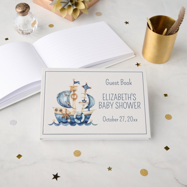 Livro De Visitas Cute Nautical Blue Sailing Ship Baby Shower (Frente aberta)