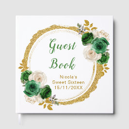 Livro De Visitas Dark Green and Gold Elegant Flowers Sweet Sixteen
