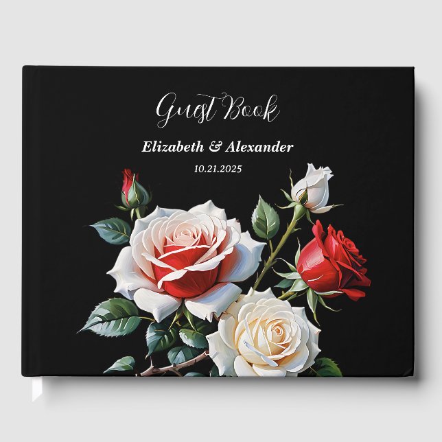 Livro De Visitas Dark Pretty pink white red roses floral wedding  (Frente)