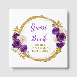Livro De Visitas Dark Purple and Gold Elegant Flower Sweet Sixteen