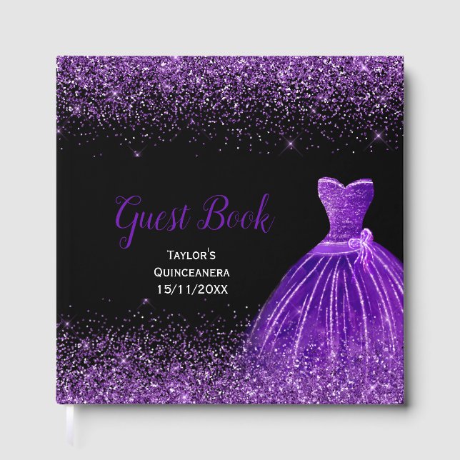 Livro De Visitas Dark Purple Dress Faux Glitter Quinceanera (Frente)