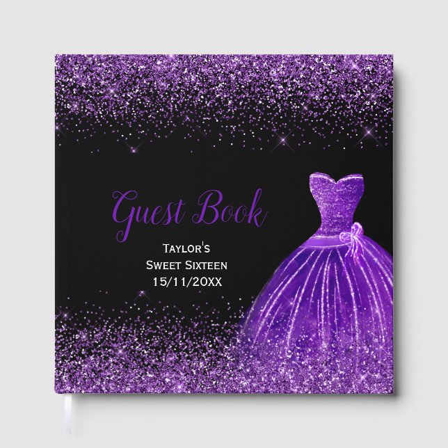 Livro De Visitas Dark Purple Dress Faux Glitter Sweet 16 Birthday (Frente)