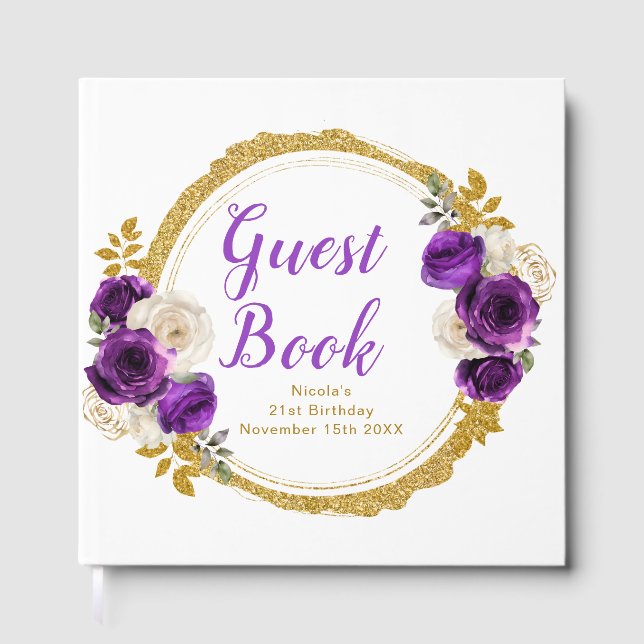Livro De Visitas Dark Purple Gold Elegant Flowers Birthday Party (Frente)