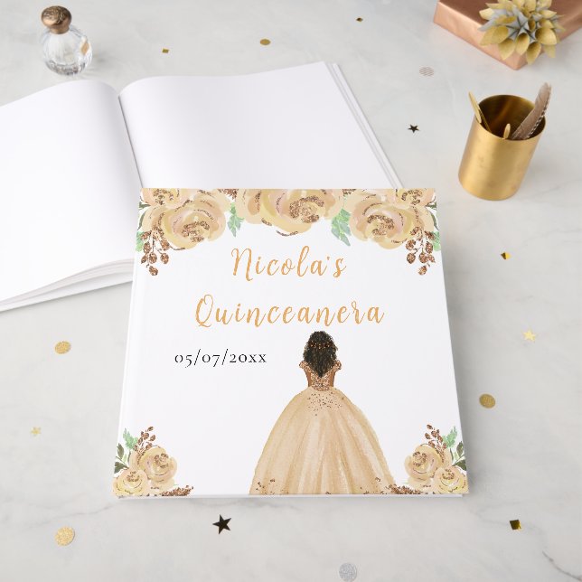 Livro De Visitas Dark Skin Princess Peach Quinceanera Guest Book (Frente aberta)
