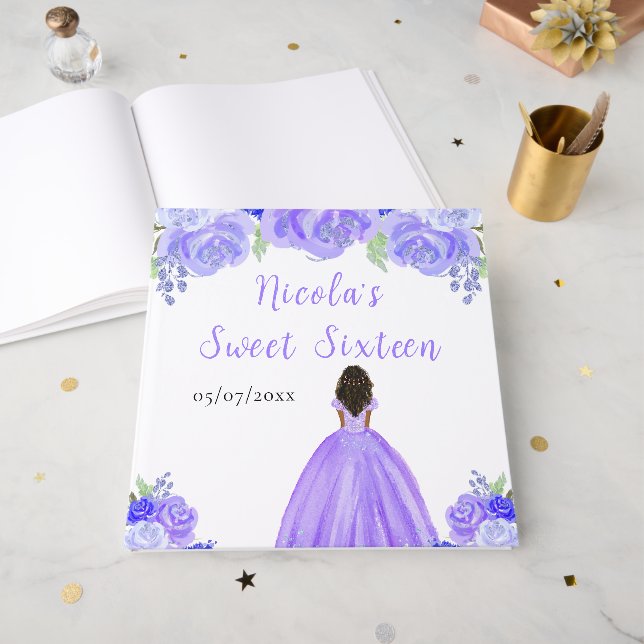 Livro De Visitas Dark Skin Princess Purple Sweet Sixteen Guest Book (Frente aberta)