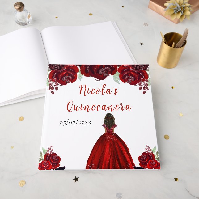 Livro De Visitas Dark Skin Princess Red Quinceanera Guest Book (Frente aberta)
