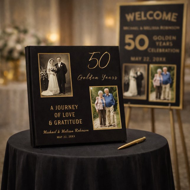 Livro de Visitas de Aniversário de 50 Anos – Preto (Perfect for a 50th anniversary welcome table display)