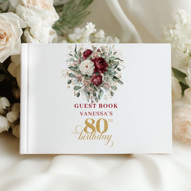 Livro de Visitas de Aniversário de 80 Anos Boho De (Boho Deep Red Floral 80th Birthday Guest Book)