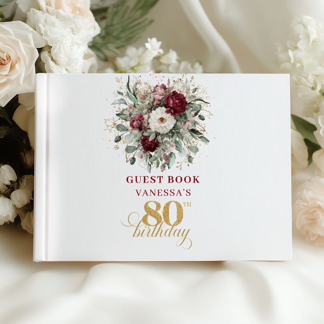 Livro de Visitas de Aniversário de 80 Anos Boho De (Boho Deep Red Floral 80th Birthday Guest Book)