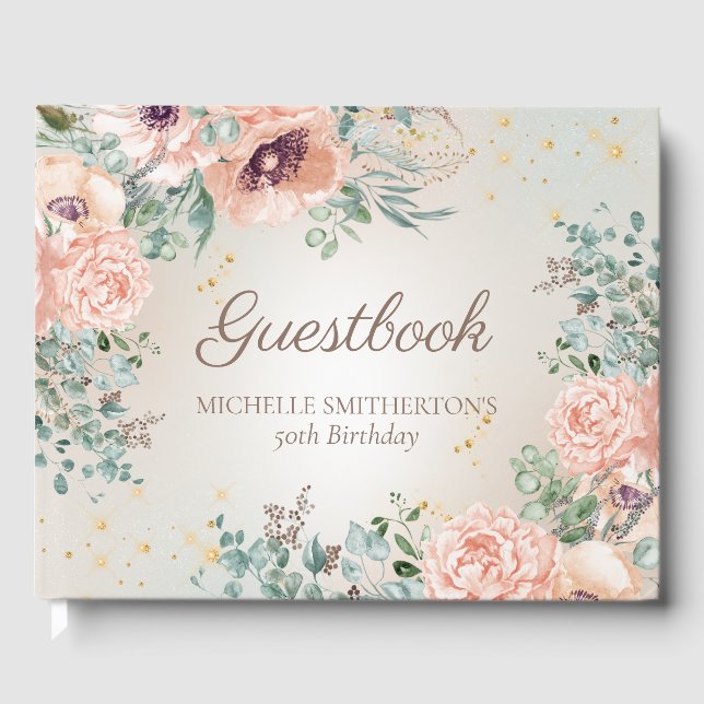 Livro de Visitas de Aniversário Rosa Floral com Br (Frente)