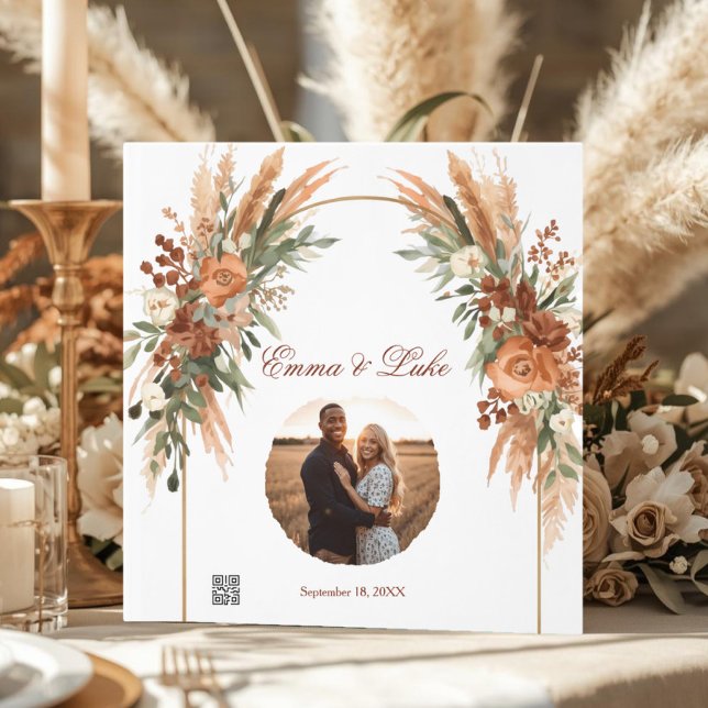 Livro de Visitas de Casamento Boho Floral com Foto (Custom photo wedding guest book with personalized QR code and boho floral arch design.)