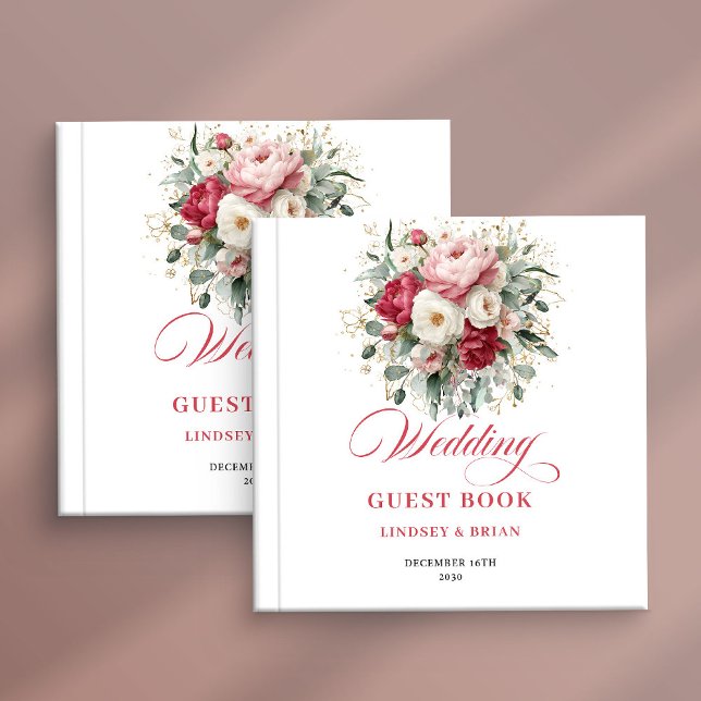 Livro de Visitas de Casamento Boho Floral Rosa Rom (Romantic Boho Floral Red Blush Wedding Guest Book)