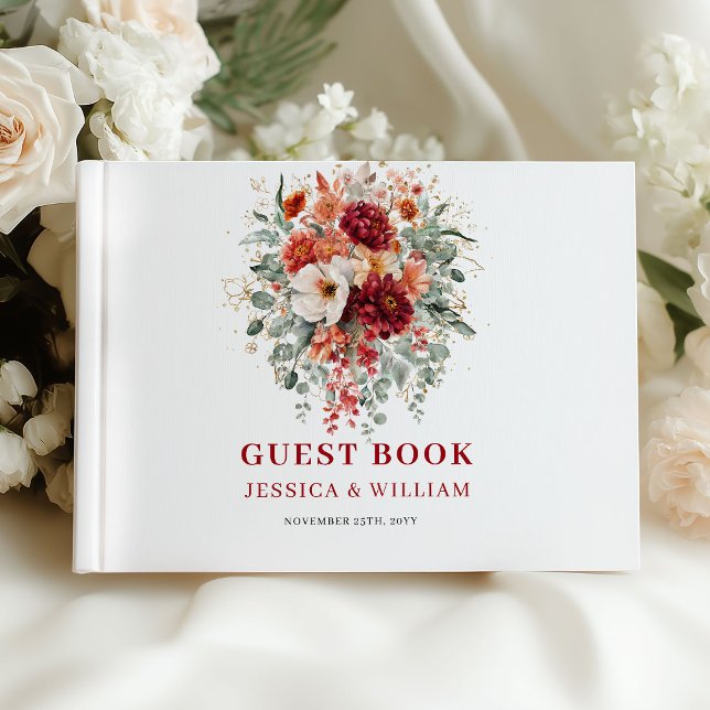 Livro de Visitas de Casamento Chic Deep Red Marsal (Chic Deep Red Marsala Autumn Wedding Guest Book)
