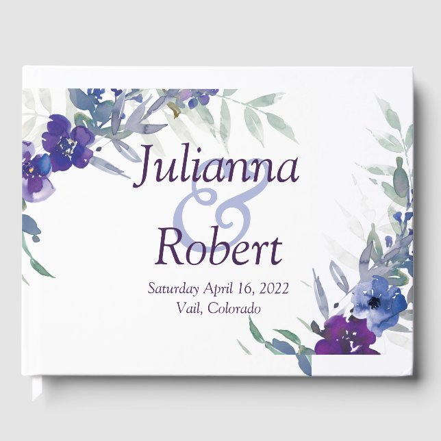 Livro de visitas de casamento com aquarela roxa e  (Frente)