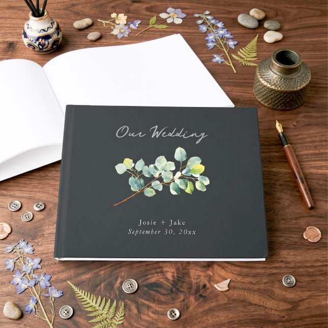 livro de visitas de casamento com ramo de eucalipt (Eucalyptus branch wedding guest book)