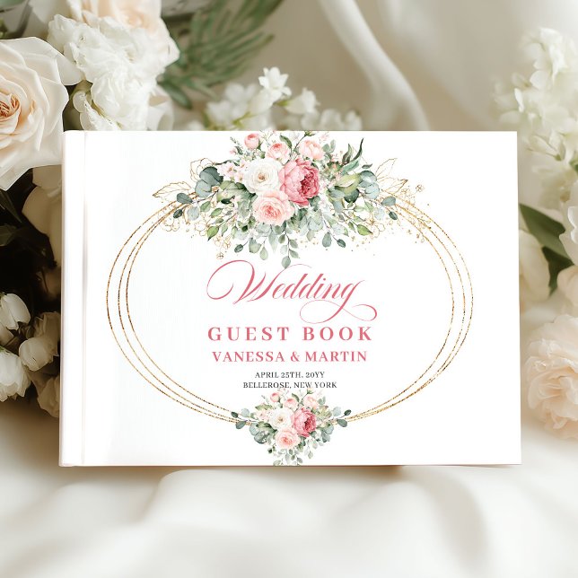Livro de Visitas de Casamento com Rosas Cor-de-Ros (Modern Blush Roses Greenery Wedding Guest Book)