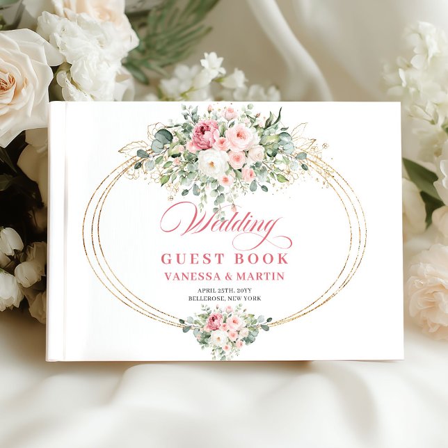 Livro de Visitas de Casamento Elegante com Rosas C (Blush pink flowers wedding guestbook,
Watercolor Soft pastel floral roses, 
bohemian boho romantic l)