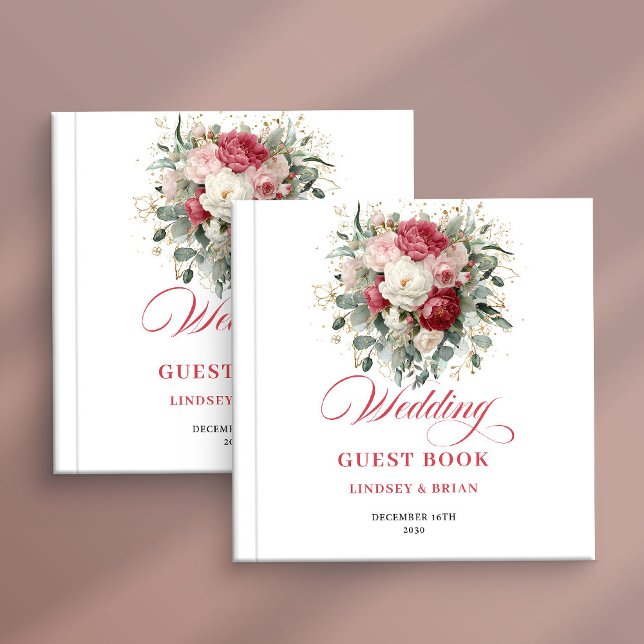 Livro de Visitas de Casamento em Dourado com Rosa  (Burgundy Blush Gold Wedding Guest Book Boho Style)