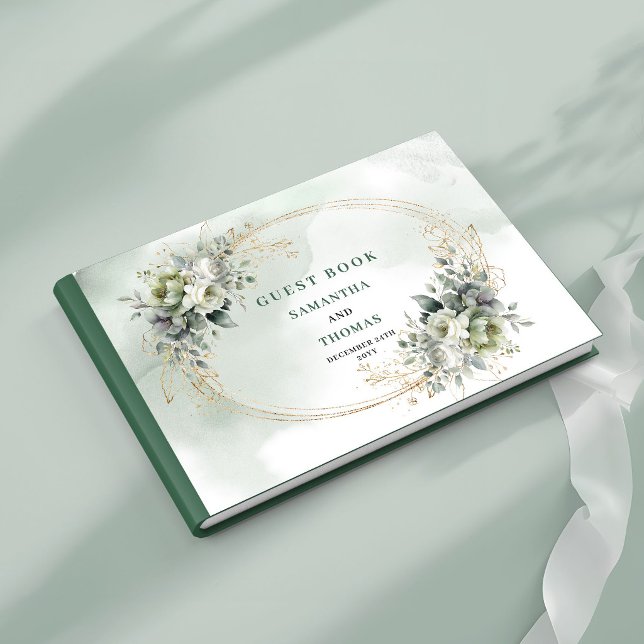 Livro de Visitas de Casamento em Verde Botânico Ch (Rustic Chic Botanical Green Gold Wedding Guest Book)