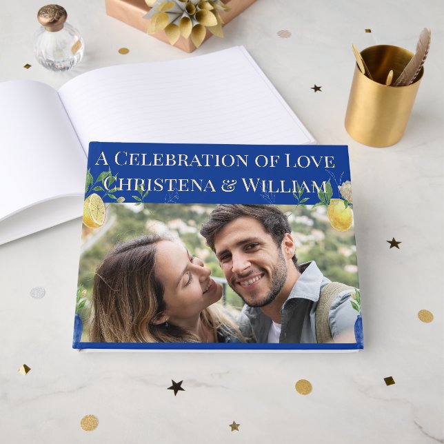 Livro de Visitas de Casamento Flor de Limão Azul E (Frente aberta)
