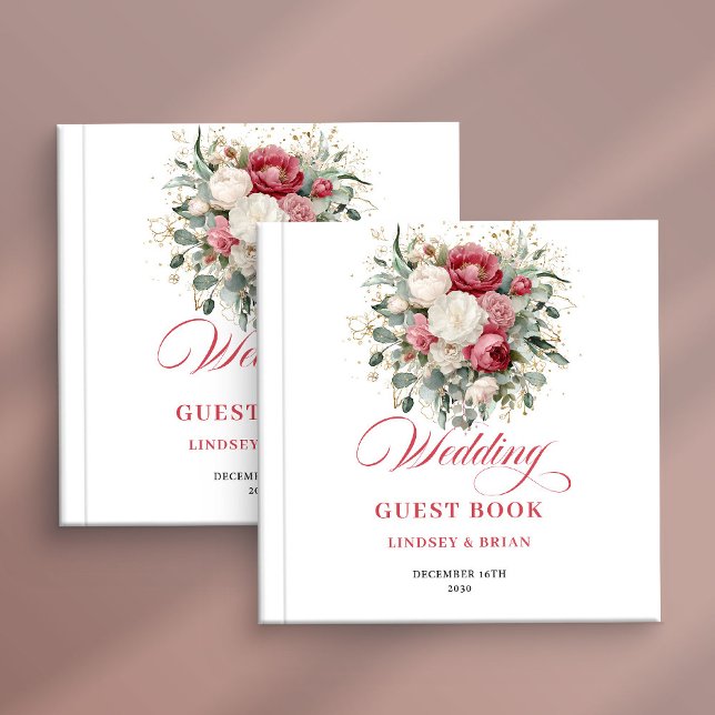 Livro de Visitas de Casamento Floral Boho Chic Ver (Chic Boho Floral Red White Wedding Guest Book)
