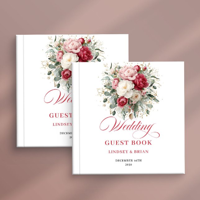 Livro de Visitas de Casamento Floral Rosa Personal (Burgundy Blush flowers wedding guestbook,
crimson red ruby guest book ,
Watercolor Soft pink floral )