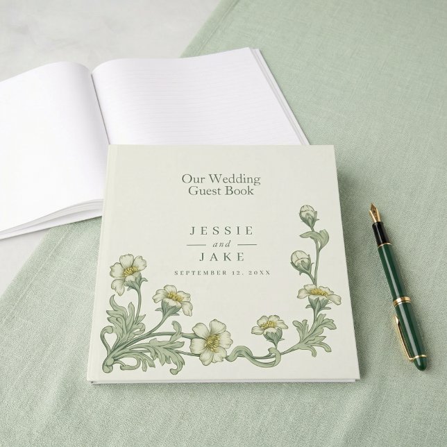 Livro de visitas de casamento floral verde creme e (Elegant cream green floral wedding guest book)
