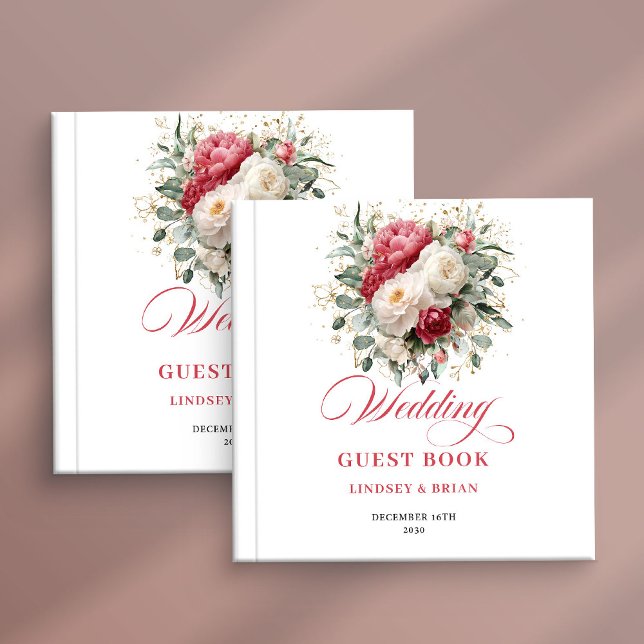 Livro de Visitas de Casamento Floral Vermelho Rúst (Chic Rustic Red Blush Floral Wedding Guest Book)