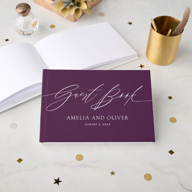 Livro de Visitas de Casamento Minimalista Roxo (Frente aberta)