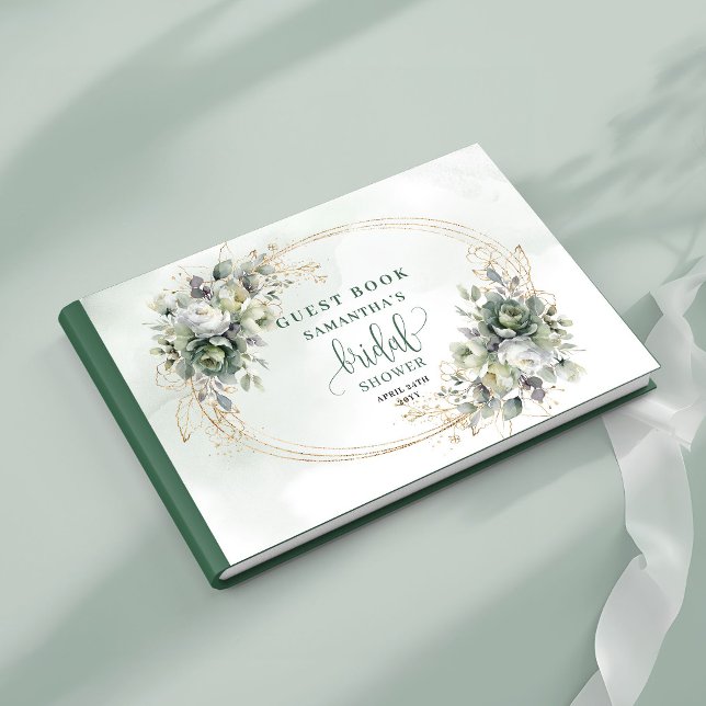 Livro de Visitas de Chá de Noiva com Folhagem Verd (Green White Foliage Bridal Shower Guest Book)