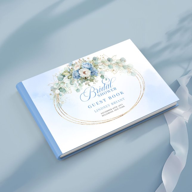 Livro de Visitas de Chá de Noiva com Peônias Azul  (Elegant Light Blue Peonies Bridal Shower Guest Book)