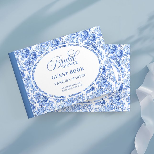 Livro de Visitas de Chá de Noiva com Rosas Toile A (Modern Blue Toile Roses Bridal Shower Guest Book

)