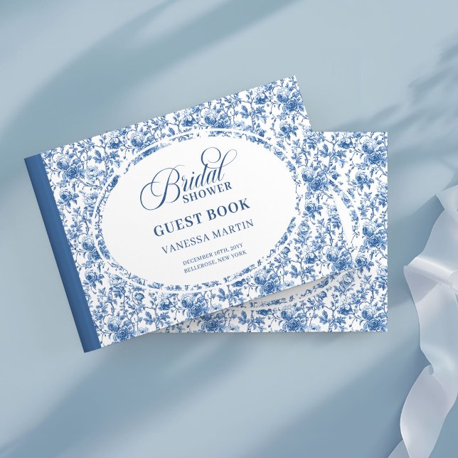 Livro de Visitas de Chá de Noiva Elegante com Toil (Elegant Navy Toile Roses Bridal Shower Guest Book Log

)